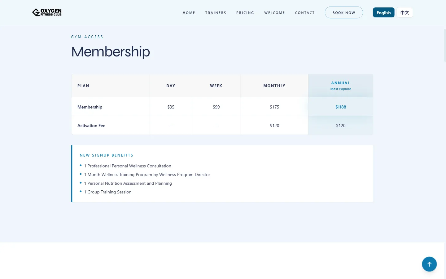 Oxygen Fitness Club transparent pricing page with membership tiers