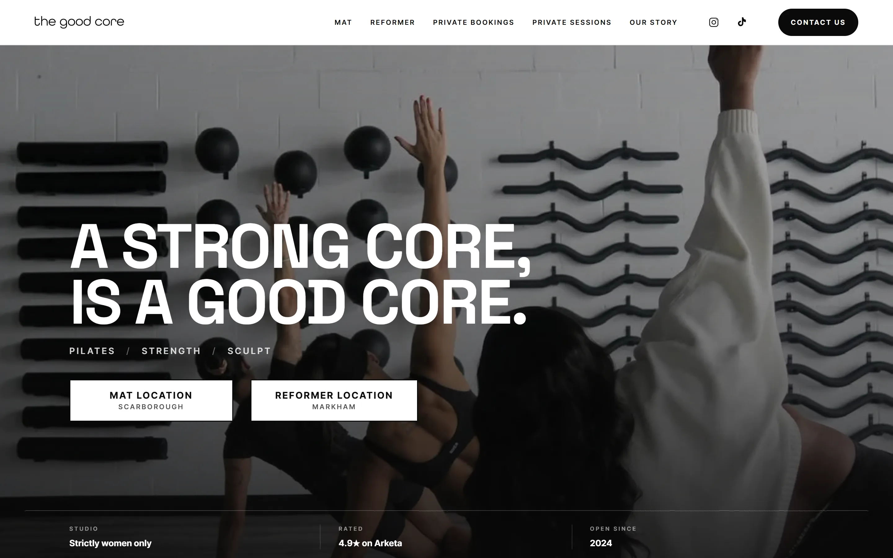 The Good Core redesigned homepage with bold editorial hero and dual-location booking