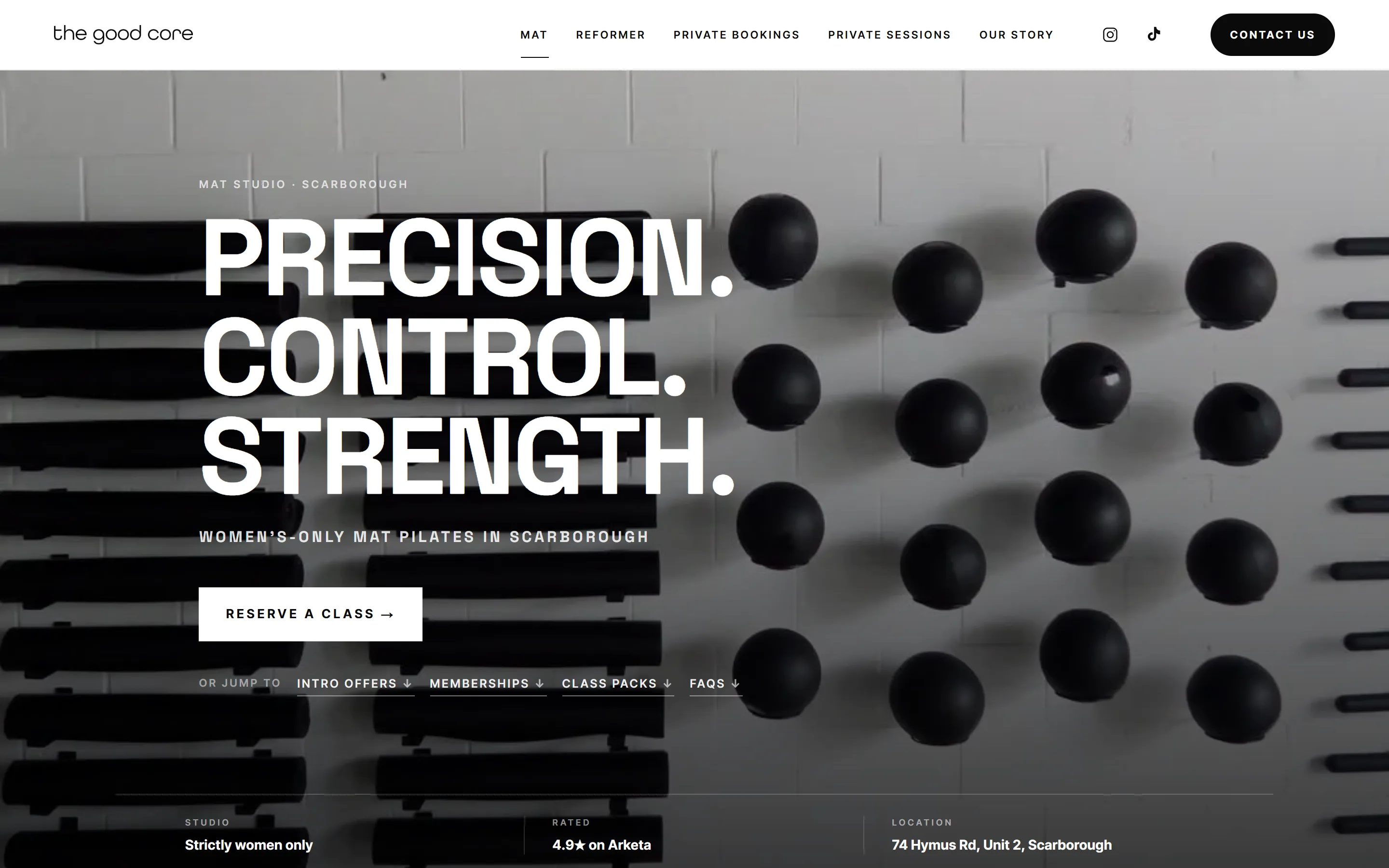 The Good Core mat Pilates class page for the Scarborough studio