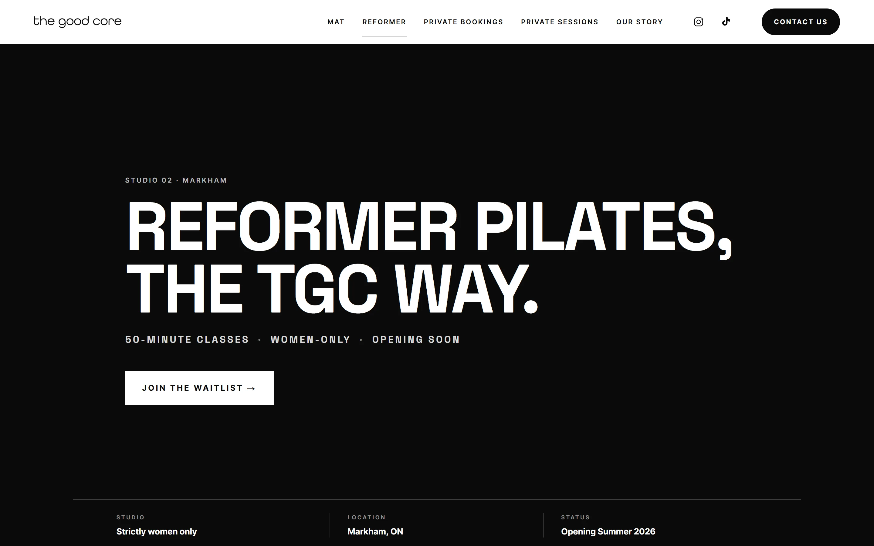 The Good Core reformer Pilates page for the upcoming Markham studio